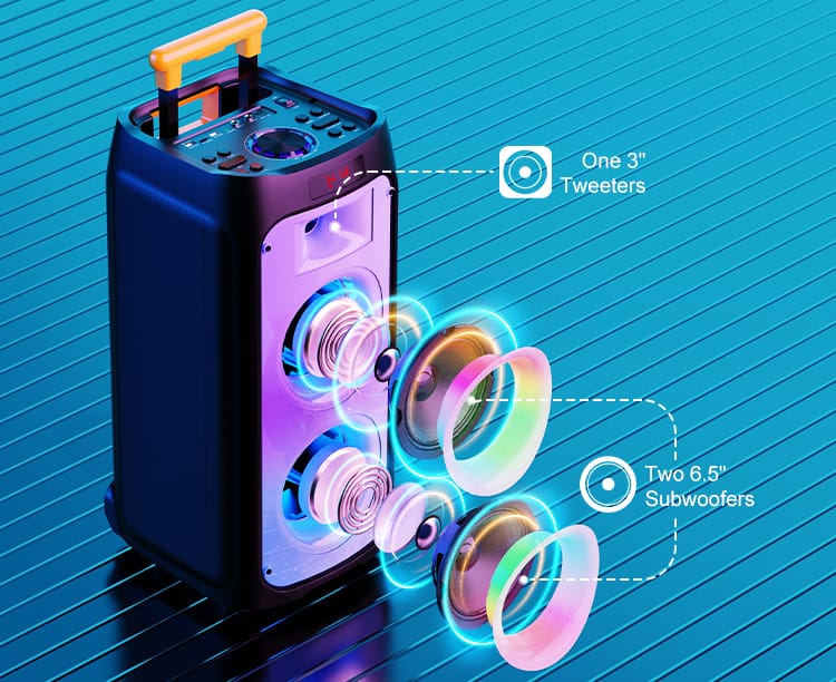 JYX T8 karaoke machine with one 3 inches tweeters and two 6.5 inches subwoofers