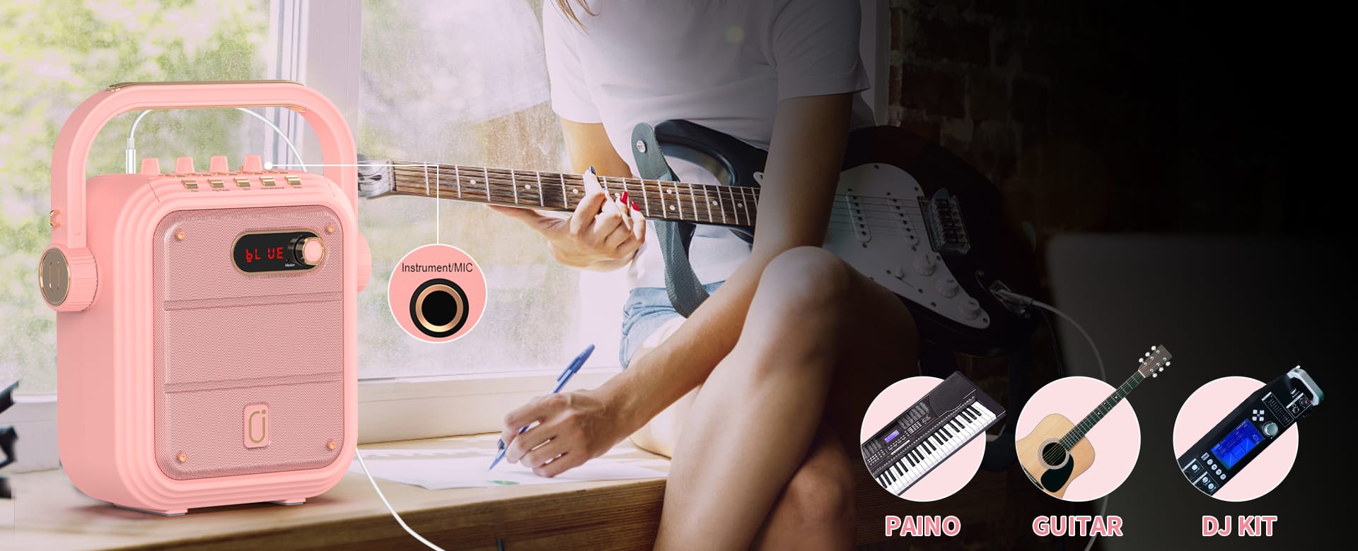 JYX pink karaoke machine with Instrument port for connecting guitar, paino, DJ kit, etc.