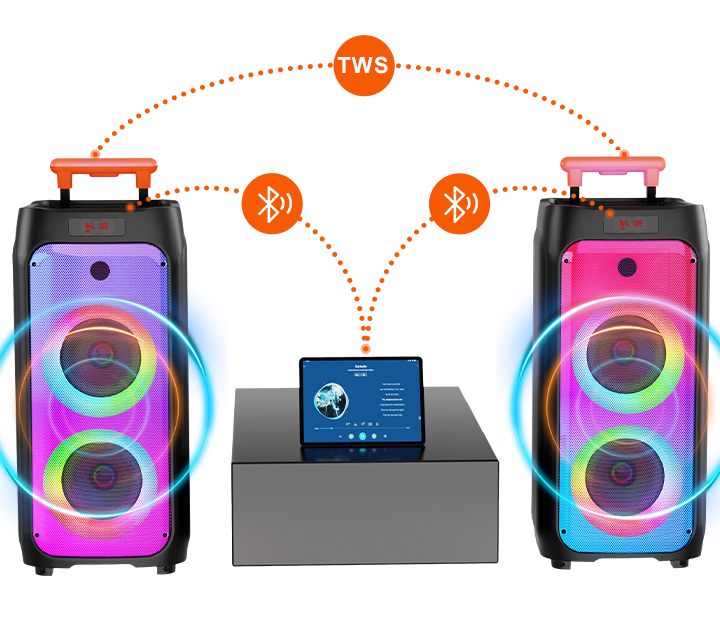 Two JYX T8 karaoke machines are connected by TWS mode