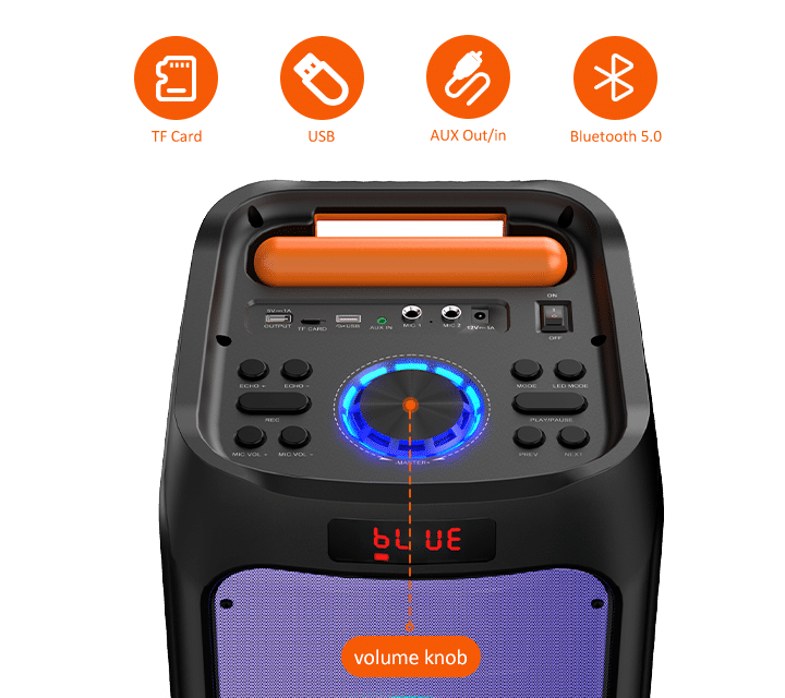 Control panel of JYX T8 karaoke machine with Bluetooth, TF card, USB and Aux in connection