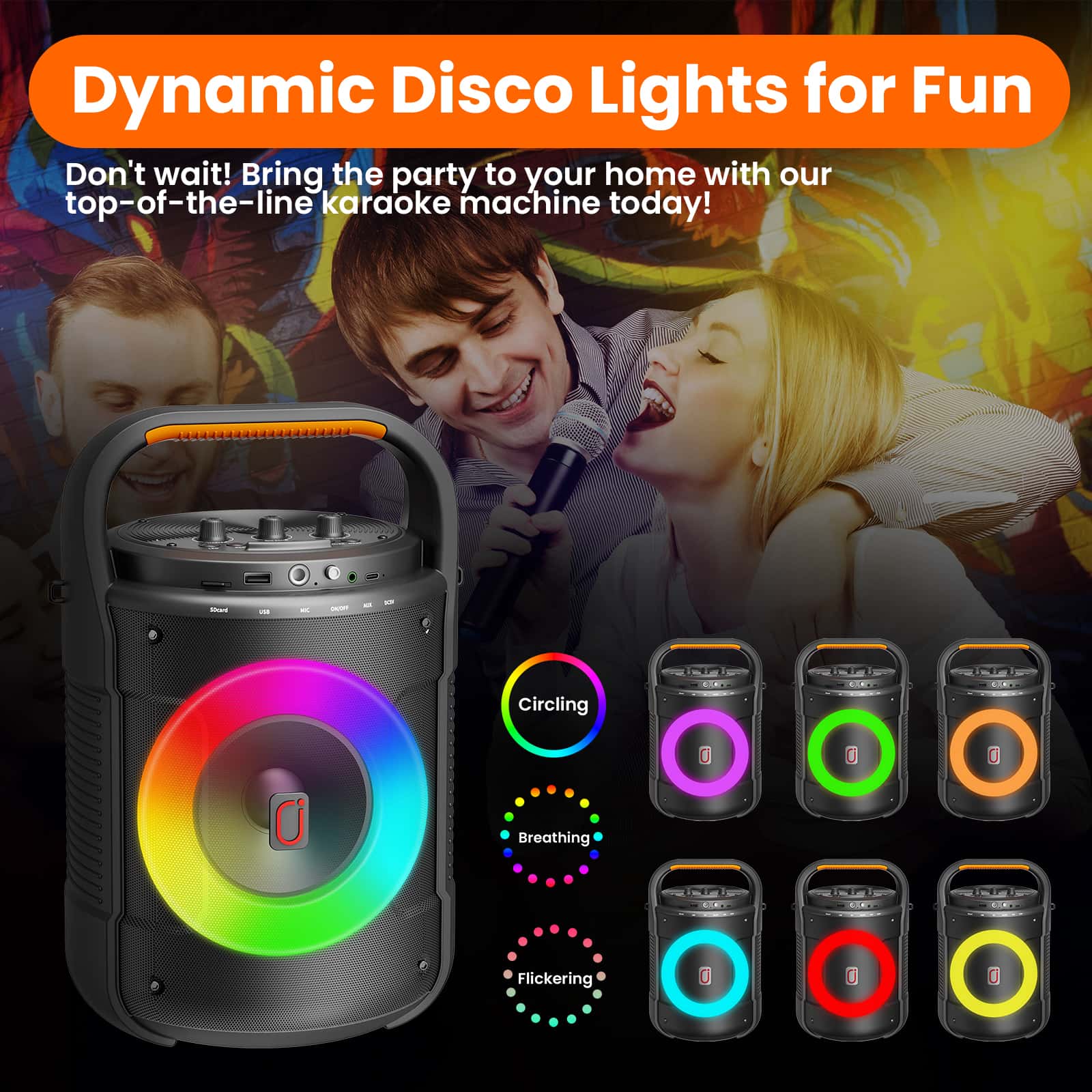 JYX D12 karaoke machine with 3 different light modes