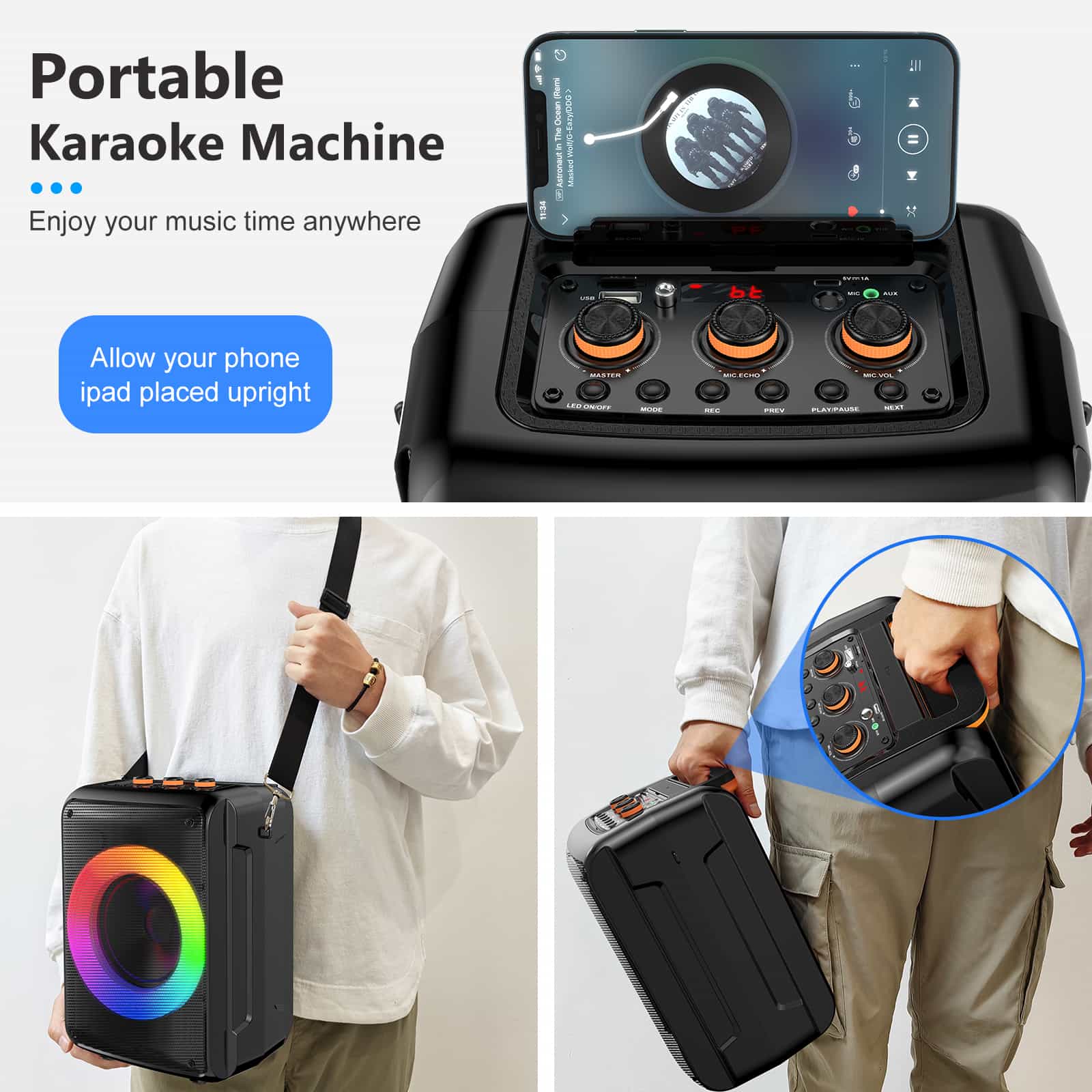 JYX portable karaoke machine D13 with phone holder, handle and strap