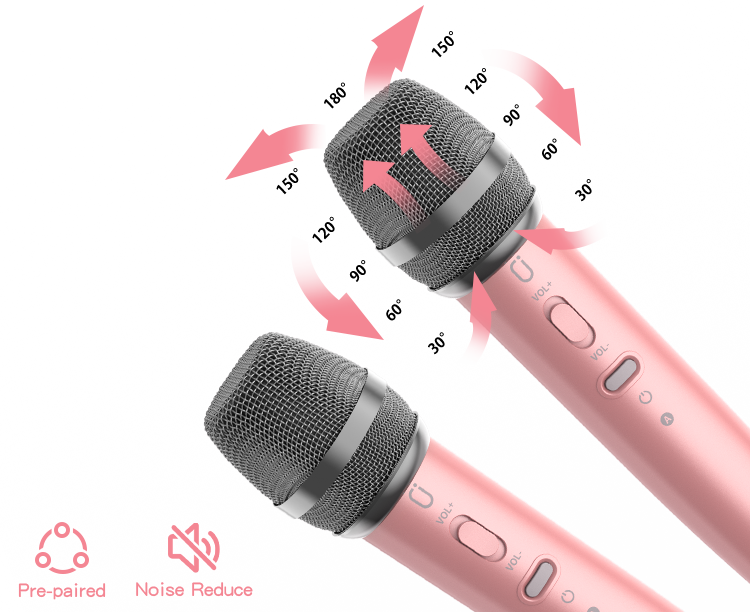 Two wireless microphones of JYX TX02 karaoke machine with 180-degree voice reception