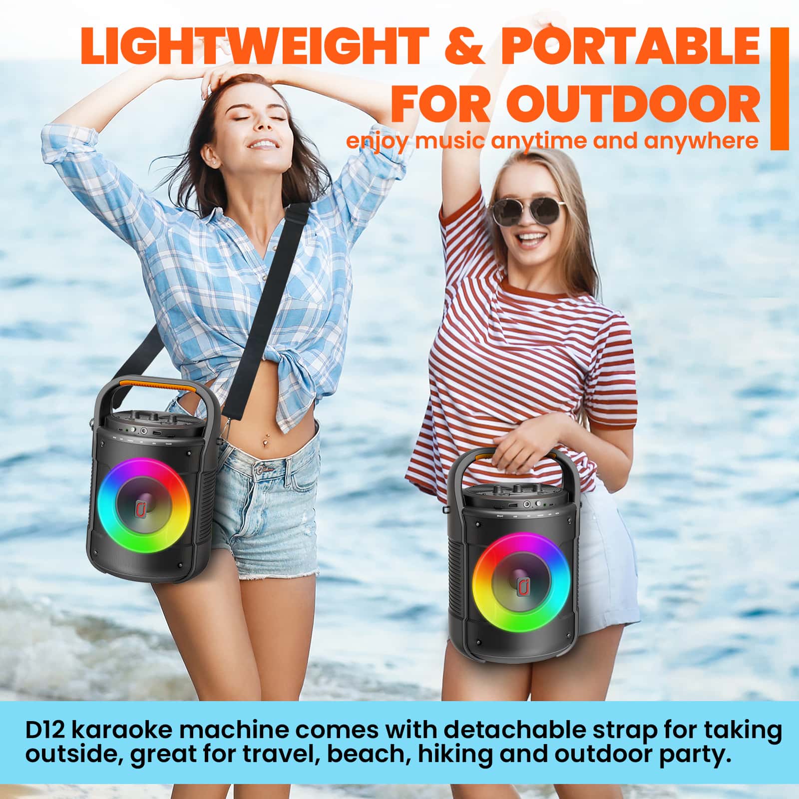 Two gilrs are carrying JYX D12 portable karaoke machine by handle and shoulder strap