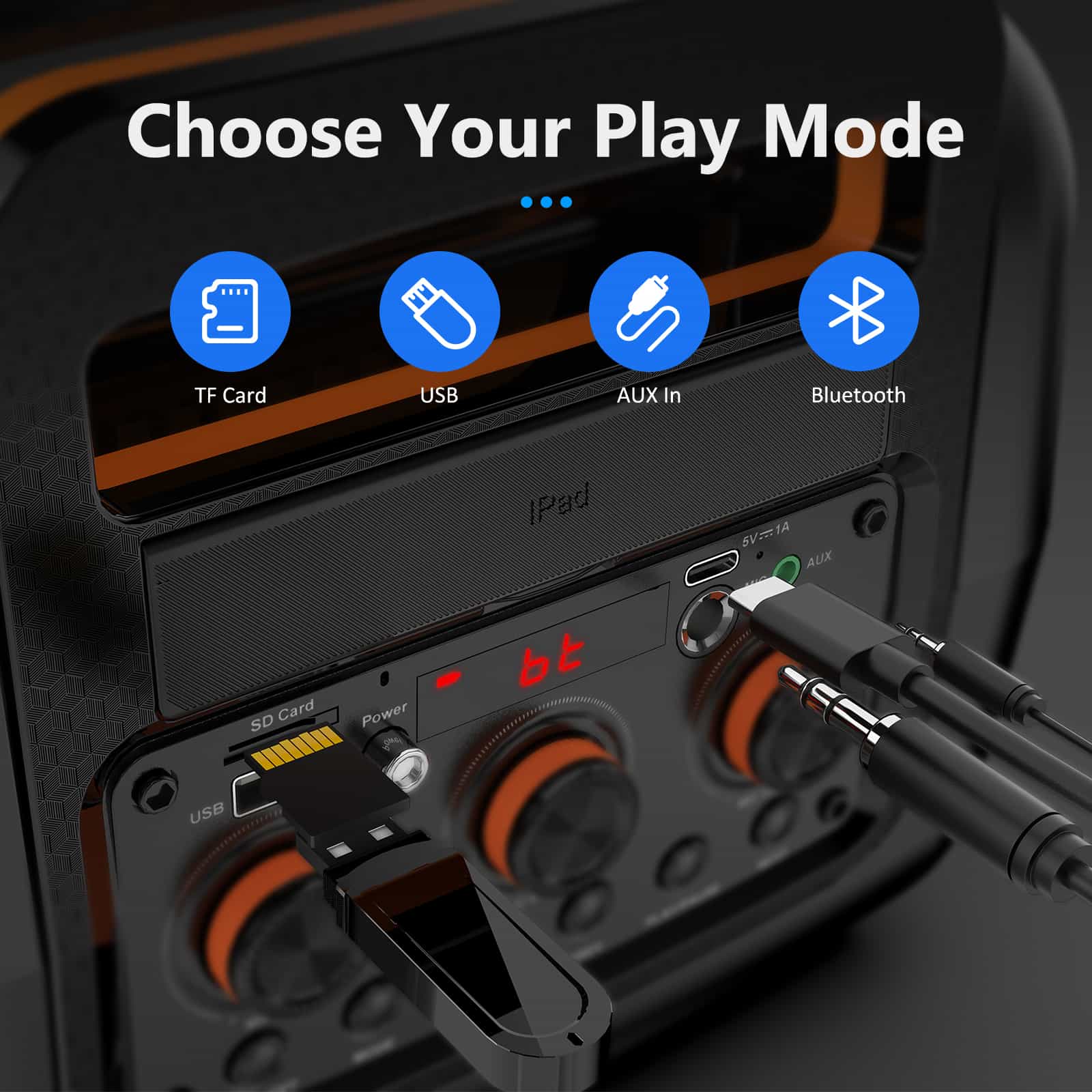 SD card, charging, USB, Aux in ports of JYX D13 karaoke machine with Bluetooth