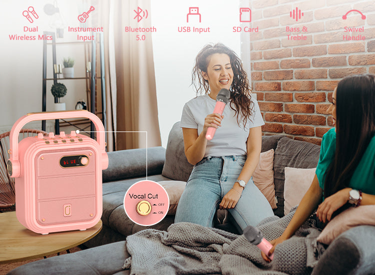 JYX TX02 karaoke machine with two wireless microphones in pink, vocal cut button for vocal elimination