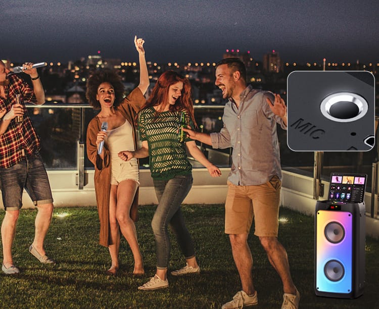 People having party with JYX karaoke machine with two wireless microphones, mic port for connecting more microphones