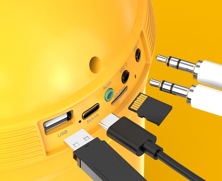 USB, charging, SD card and microphones ports of JYX D15 karaoke machine
