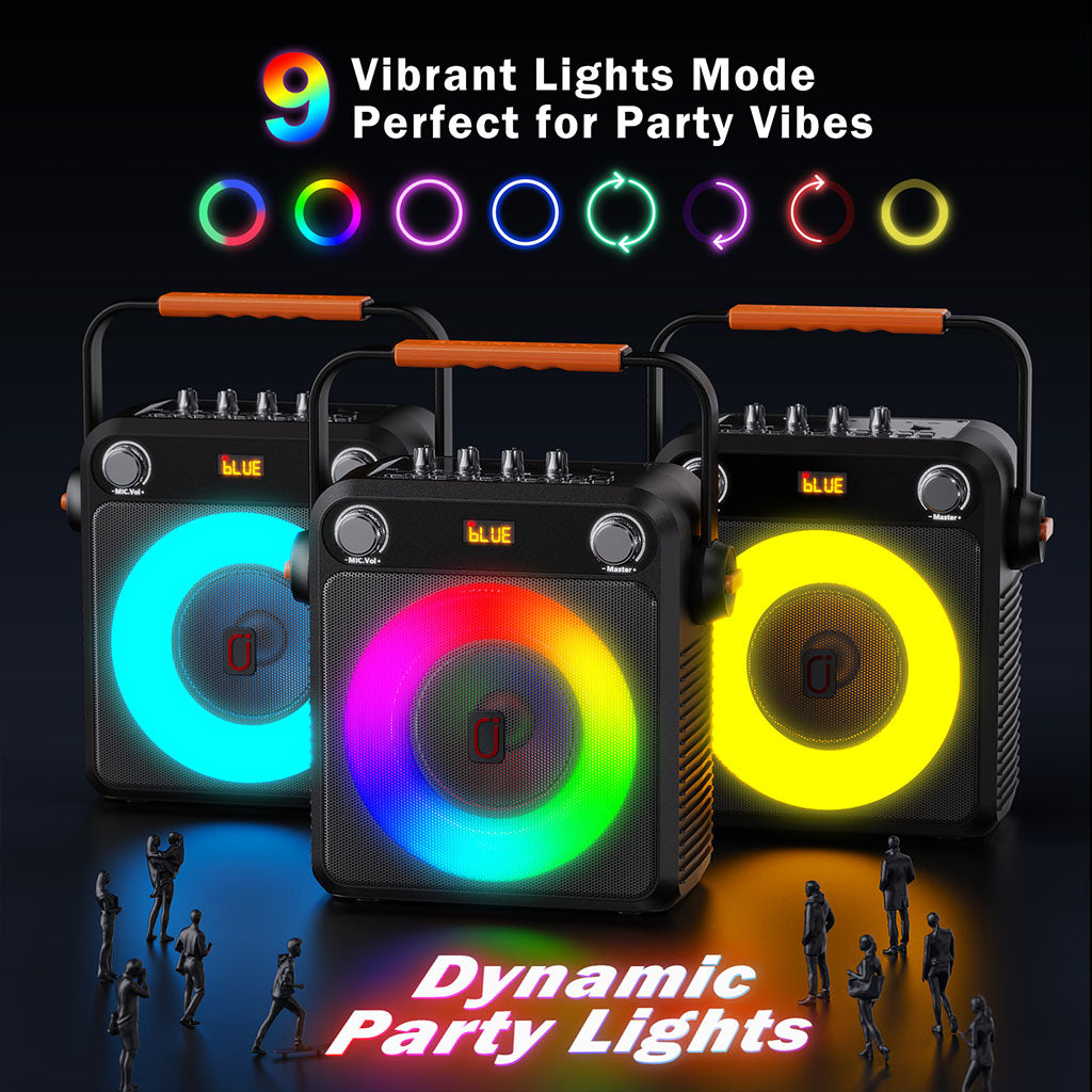 JYX T23-T portable Bluetooth karaoke speaker with 9 vibrant light modes, perfect for dynamic party vibes and creating an energetic atmosphere.