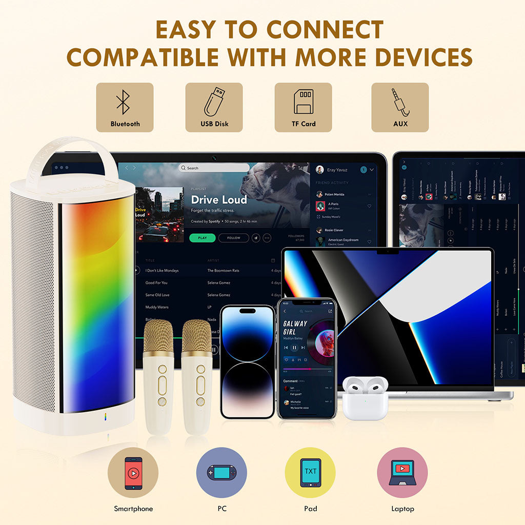 JYX D31 portable karaoke machine with 2 wireless mics, easy connectivity with Bluetooth, USB disk, TF card, AUX, smartphone, PC, pad, and laptop.