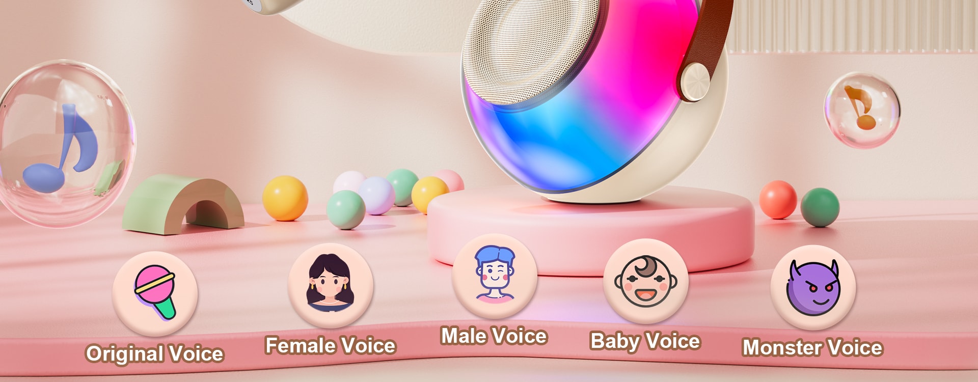 JYX D25 karaoke machine featuring 5 magic sound modes: Original, Female, Male, Baby, and Monster Voice.