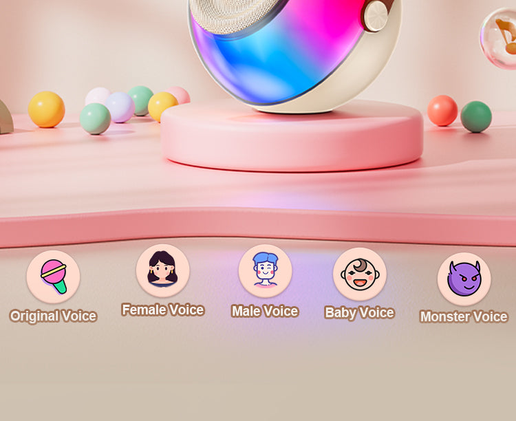 JYX D25 karaoke machine featuring 5 magic sound modes: Original, Female, Male, Baby, and Monster Voice.