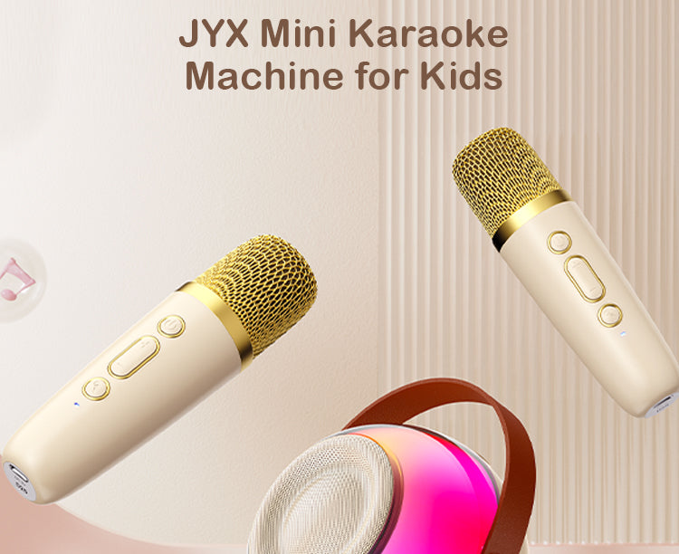 JYX D25 karaoke machine with 2 wireless mics, perfect for kids.
