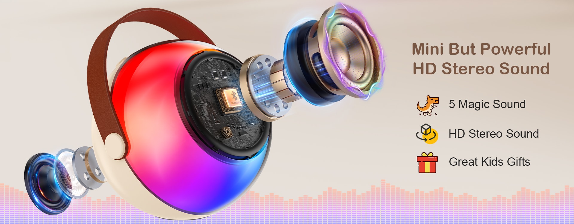 Mini but powerful HD stereo sound, featuring 5 magic sounds, making it a great gift for kids.