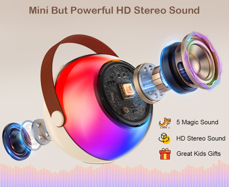 Mini but powerful HD stereo sound, featuring 5 magic sounds, making it a great gift for kids.