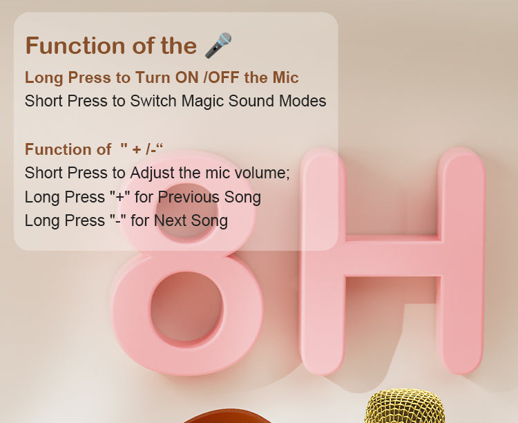 JYX D25 karaoke machine with 2 wireless mics, showing the function of long press to turn on/off the mic and short press to switch magic sound modes.