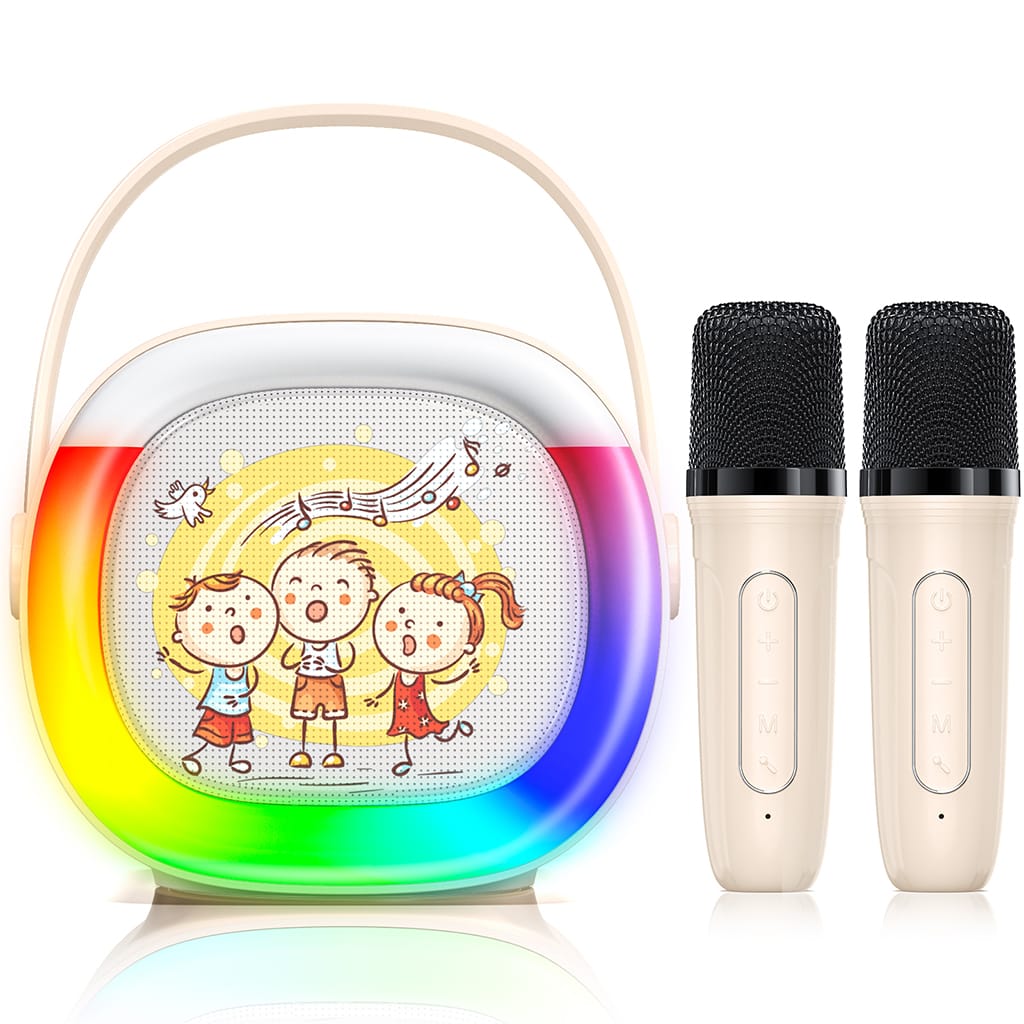 JYX D28 Karaoke Machine in Beige with Two Microphones