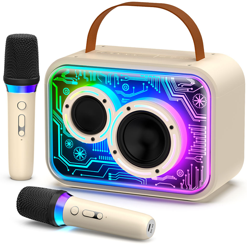 The appearance is attractive with cool LED lights, dual subwoofers, and 2 wireless microphones with lights.