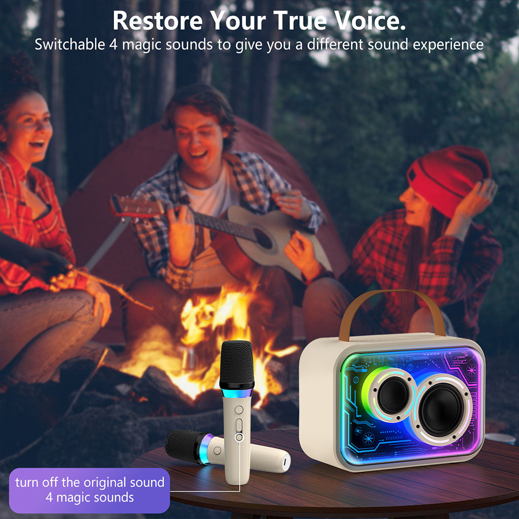 JYX D30 karaoke machine with Bluetooth and wireless mic, featuring switchable 4 magic sounds for a unique experience