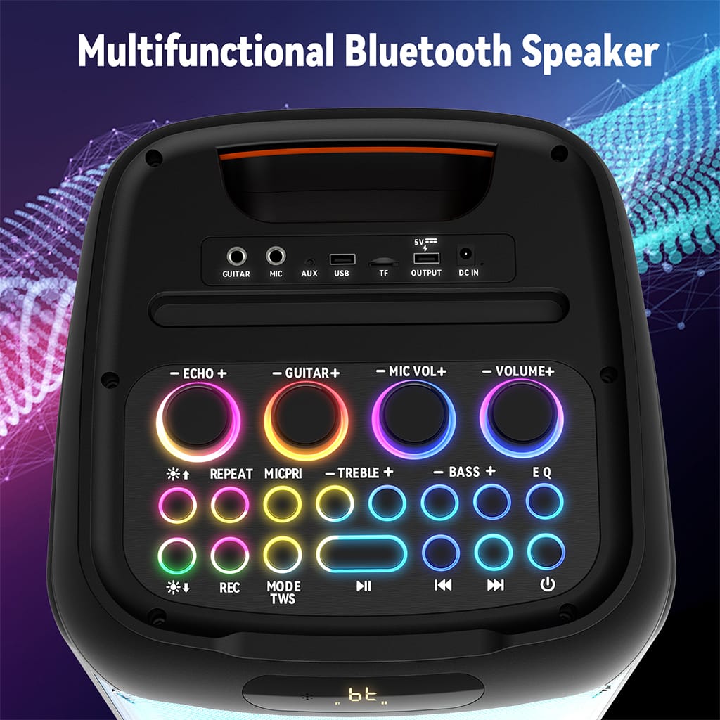 JYX T12 karaoke machine with multiple function buttons highlighted