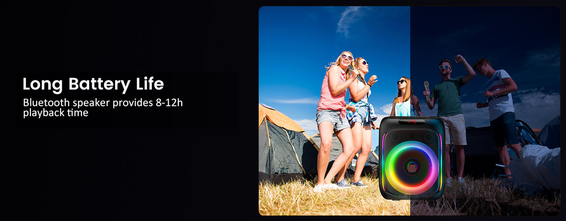 Long battery life Bluetooth speaker provides 8-12 hours playback time.