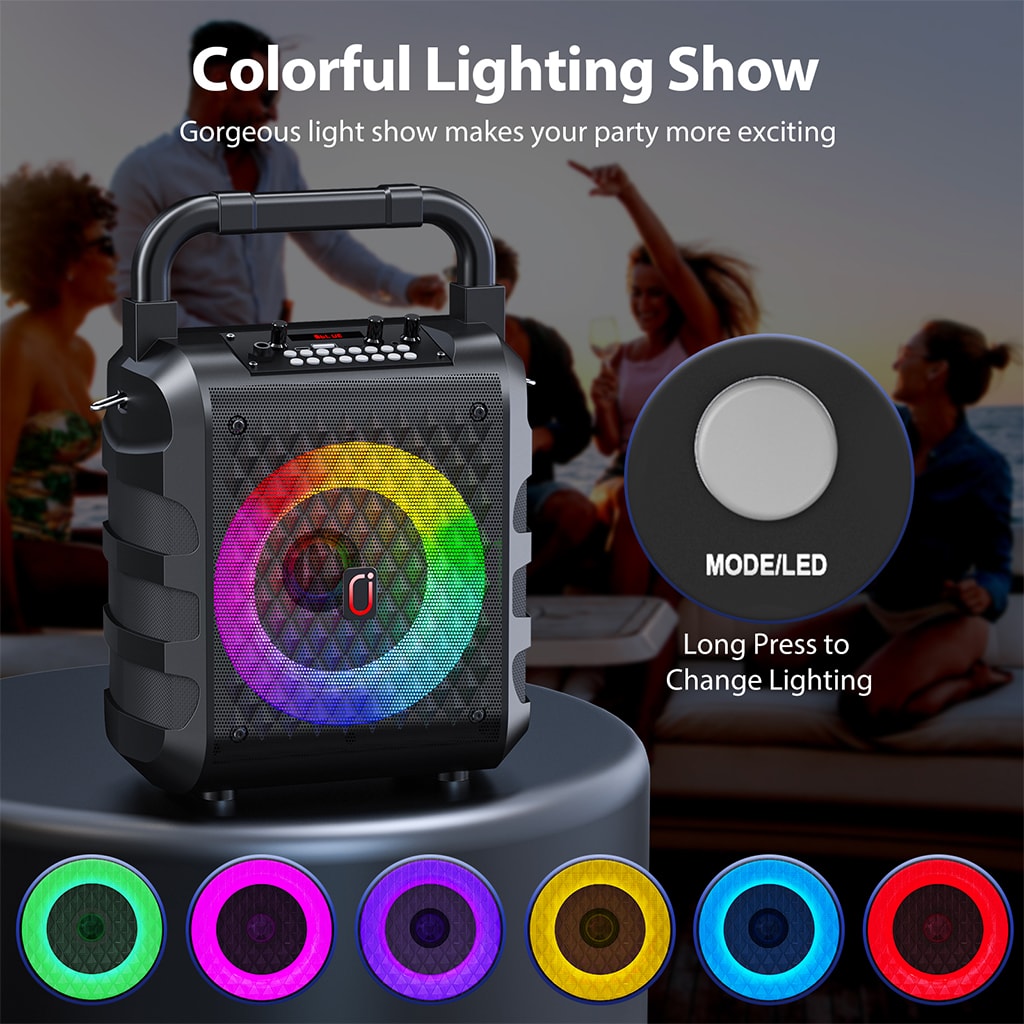 JYX T18 karaoke machine with colorful lights display