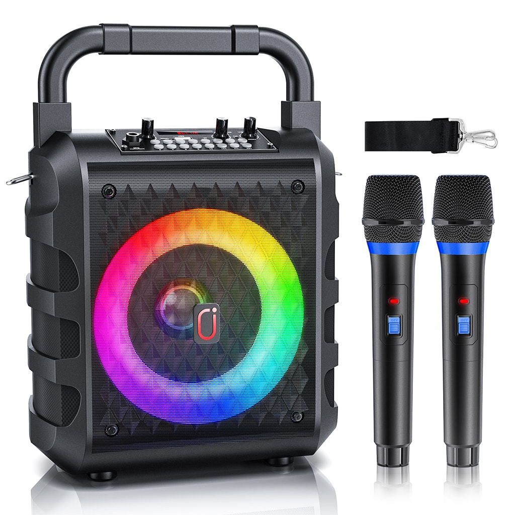 JYX T18 karaoke machine equipped with two microphones for duets