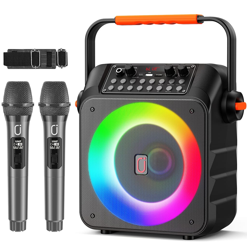 JYX T21 karaoke machine with two wireless microphones