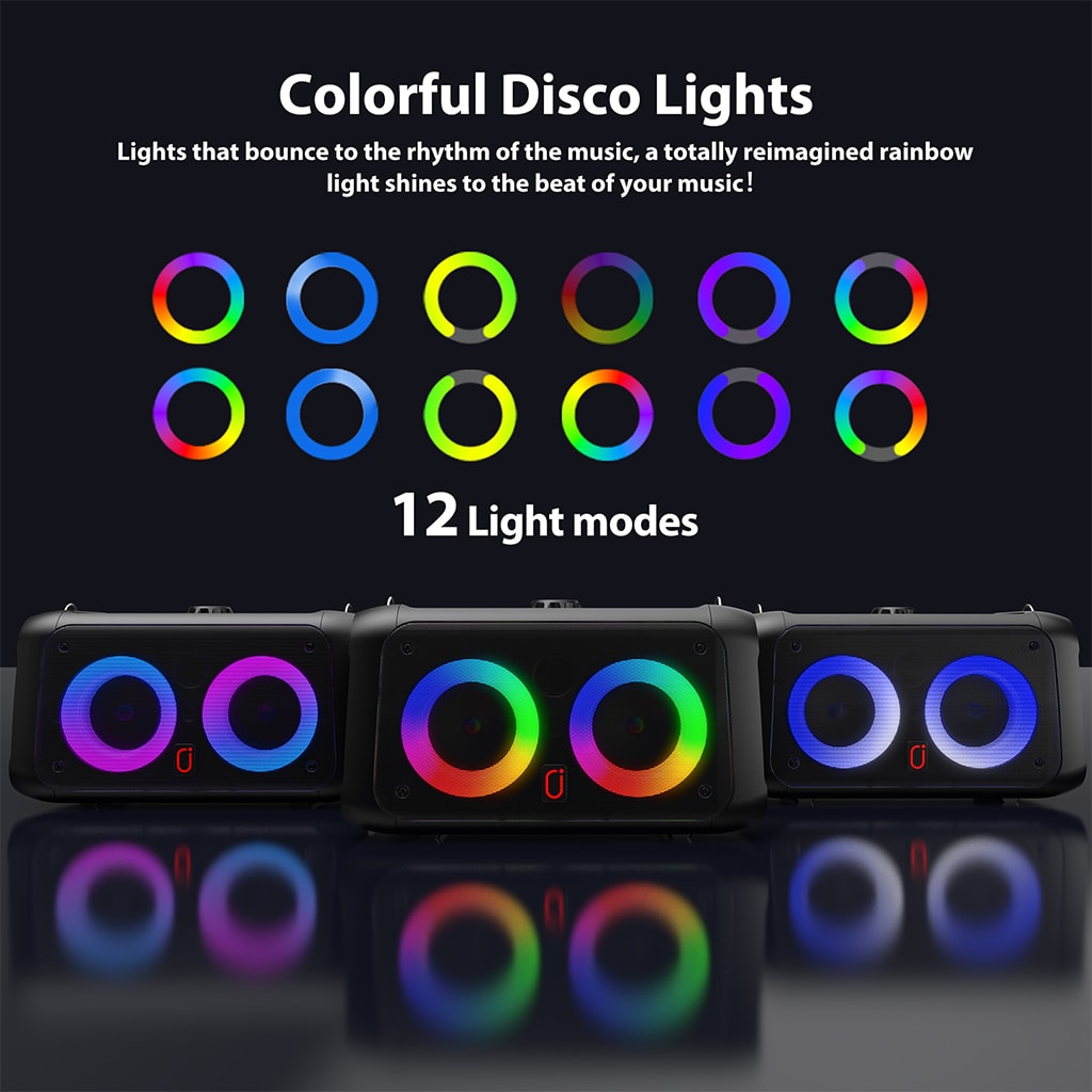 JYX T22 karaoke machine with a display of multiple colorful lights