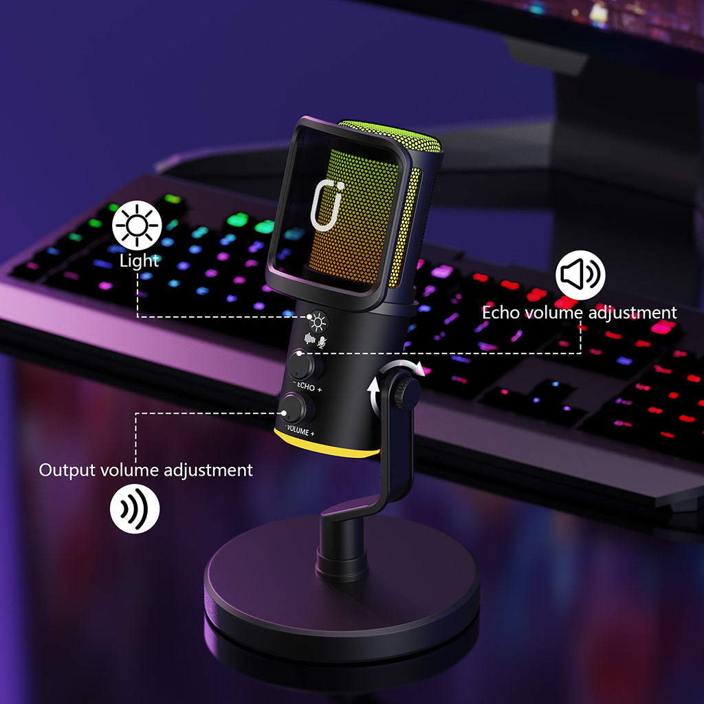 JYX U120 game microphone features adjustable light effects, output volume control, and echo volume adjustment for a customizable and immersive audio experience