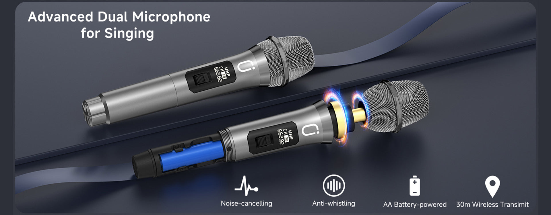 Advanced dual noise-cancelling microphones for singing, AA battery-powered, 30m wireless range.