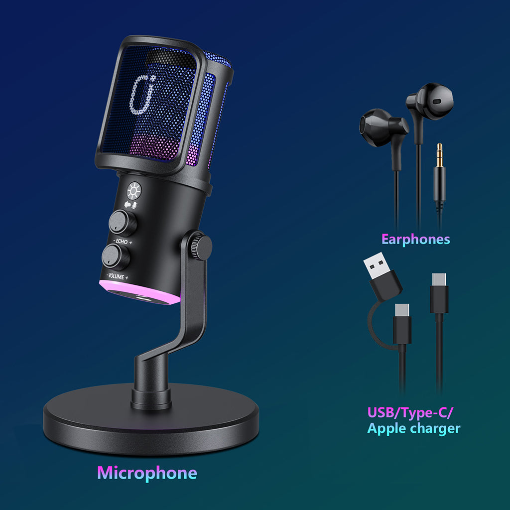 JYX U120 gaming microphone bundle includes microphone, earphones, USB cable, Type-C adapter, and Apple charger for versatile connectivity