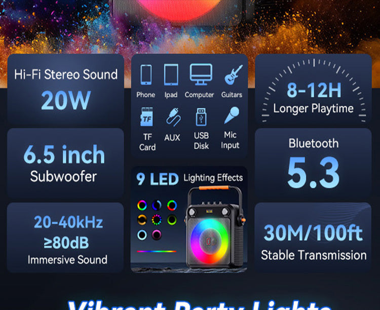 JYX T23-T karaoke speaker: Hi-Fi 20W sound, 6.5" sub, 20-40kHz, ≥80dB, 9 LED effects, 8-12H play, Bluetooth 5.3, 30M transmission, for phones, guitars etc.