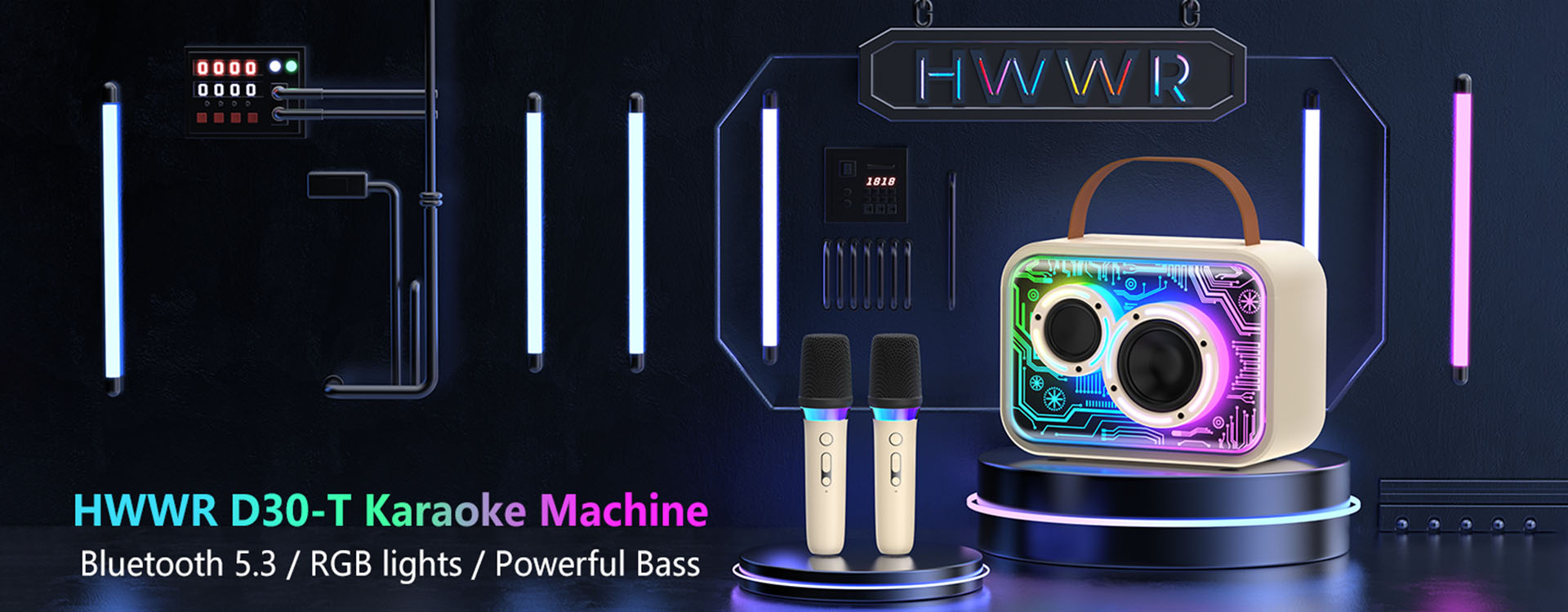 JYX D30 Singing Machine Karaoke Bluetooth with Wireless Mic, featuring Bluetooth 5.3, RGB lights, and powerful bass.