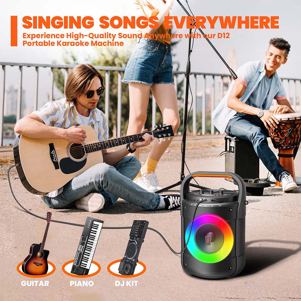 JYX D12 Karaoke Machine with wired and wireless mics, portable high-quality sound.