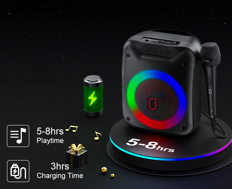 JYX D18 Karaoke Machine with 3-hour charging time and 5-8 hours playtime.