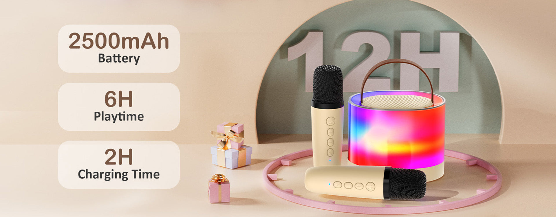 JYX D23 Mini Karaoke Machine for Kids with Wireless Microphones. Features a 2500mAh battery for up to 6 hours of playtime with a 2-hour charging time.