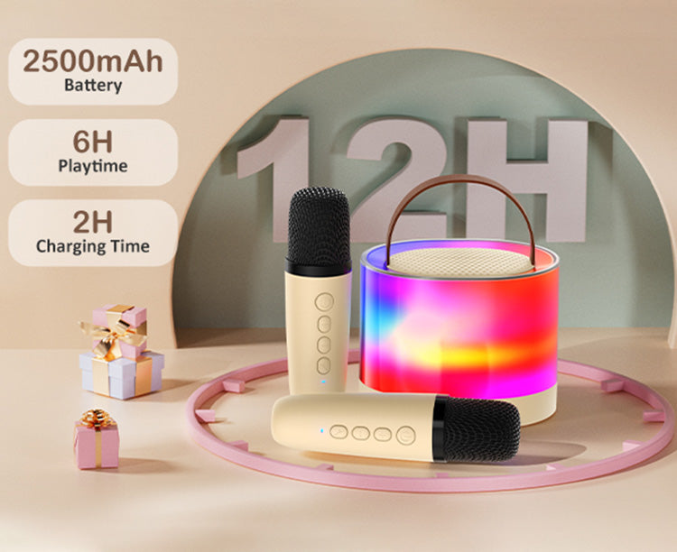 JYX D23 Mini Karaoke Machine for Kids with Wireless Microphones. Features a 2500mAh battery for up to 6 hours of playtime with a 2-hour charging time.