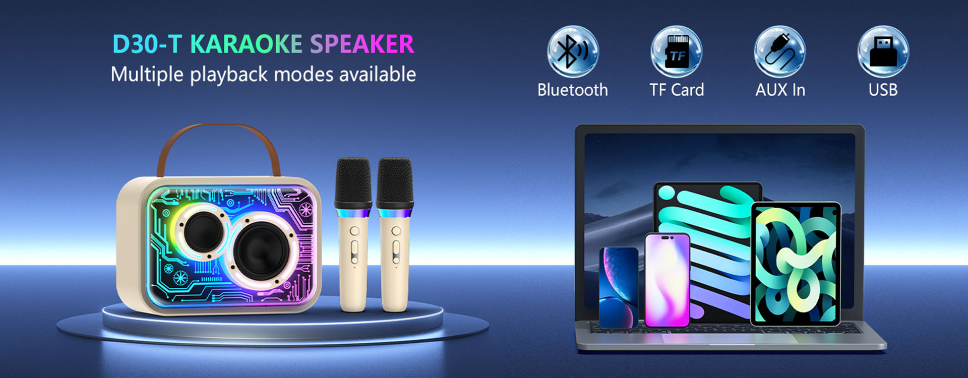 JYX D30 Karaoke Machine with Bluetooth, TF Card, AUX In, and USB playback modes.