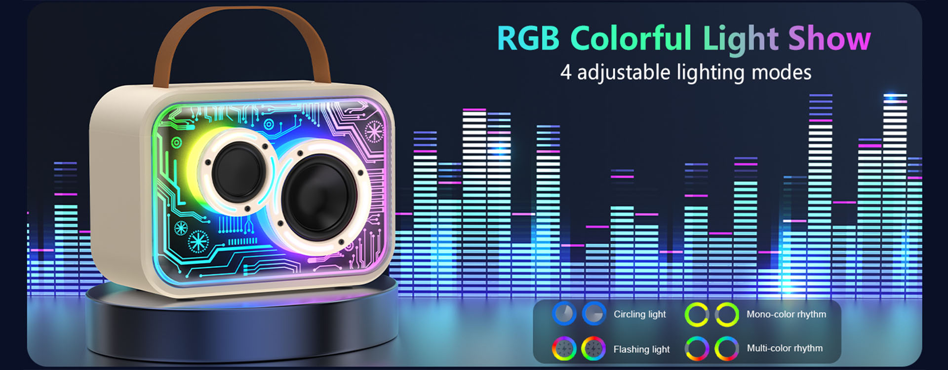 JYX D30 Karaoke Machine with RGB light show and 4 adjustable lighting modes.