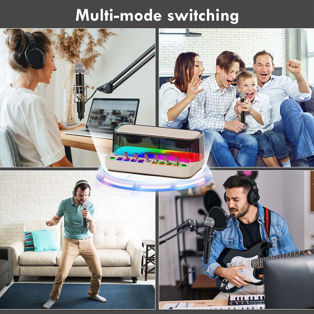 JYX S1 live sound card karaoke machine with 2 wireless microphones, multi-mode switching.