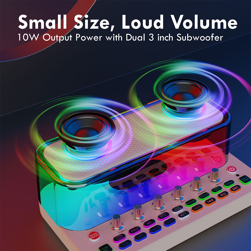 JYX S1 live sound card karaoke machine with 2 wireless microphones - Small size, loud volume. 10W power, dual 3" subwoofer.