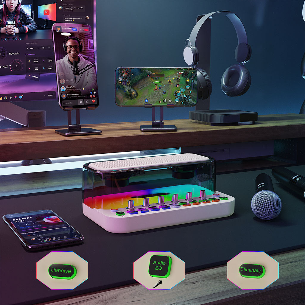 A must-have for esports enthusiasts or influencers, the sound card and speaker set for live streaming and karaoke performances