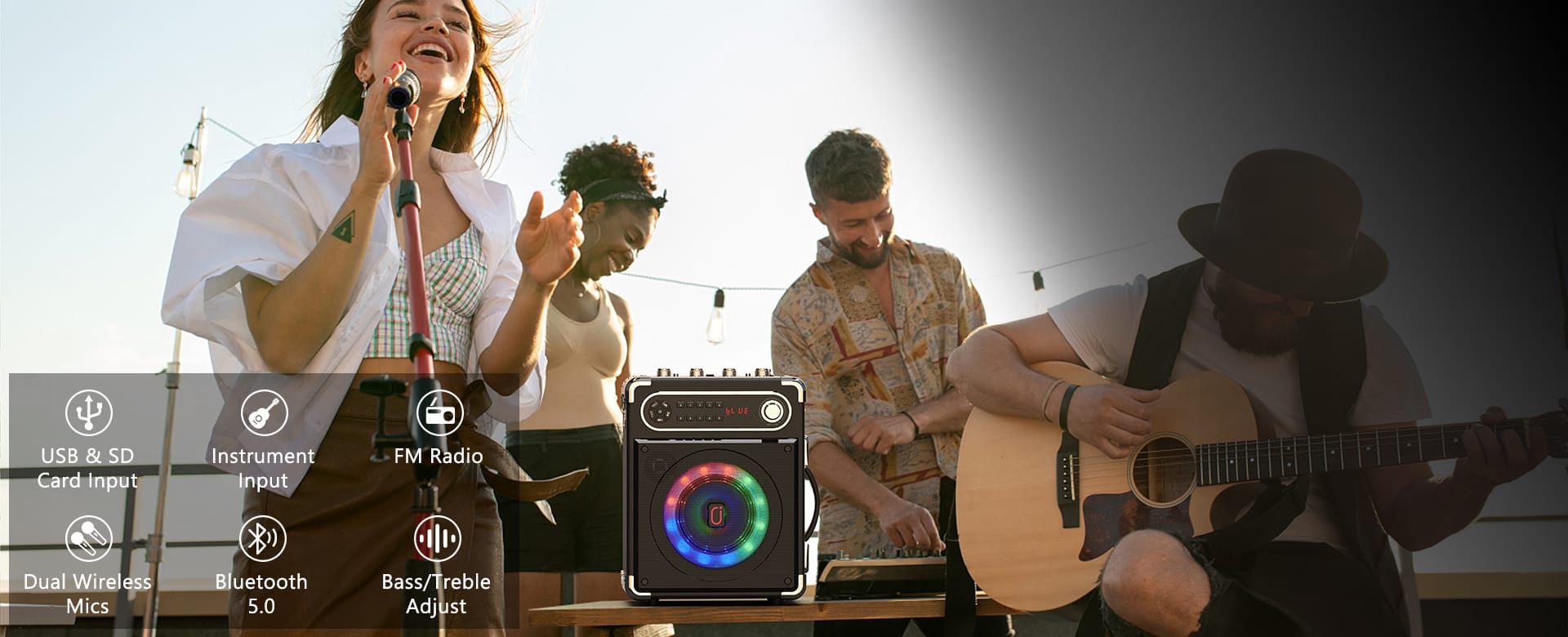 band singing with JYX S55 karaoke machine with wireless microphones