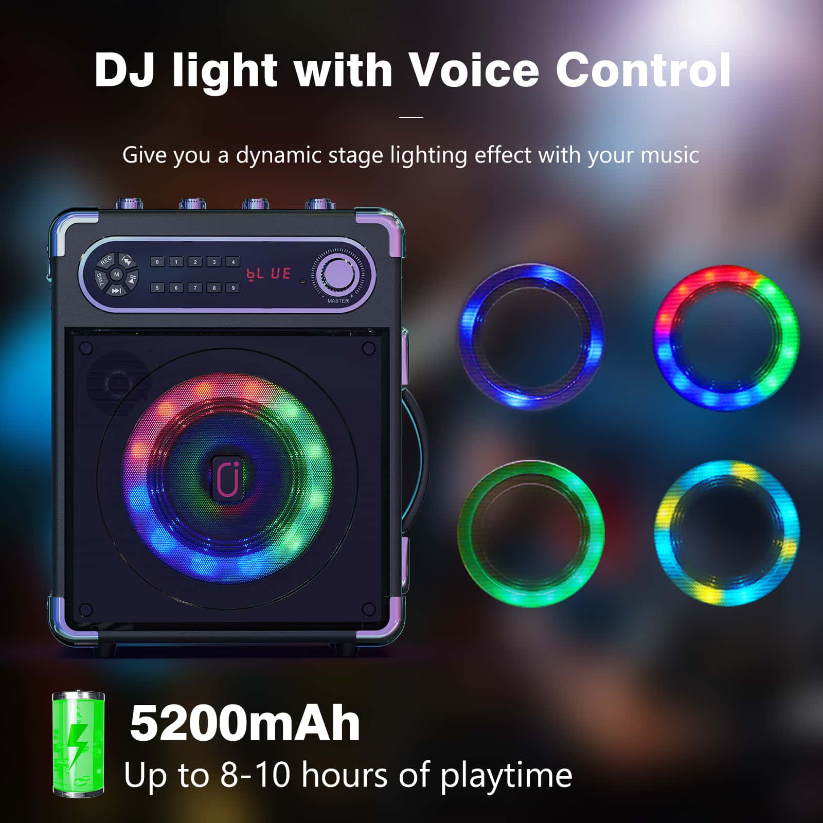 JYX s55 karaoke machine with light and 5200 mAh battery for 8 to 10 hours play time