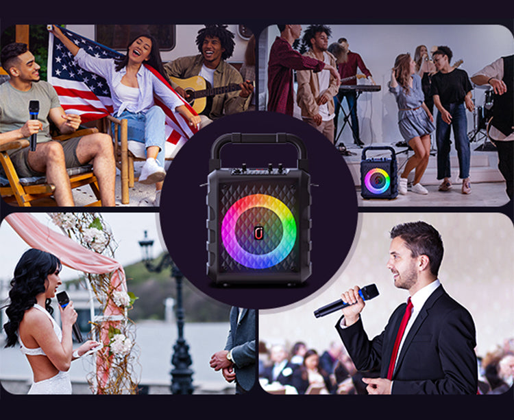 JYX T18T Home Karaoke Machine with 2 wireless microphones. Suitable for classrooms, weddings, parties, and performances.