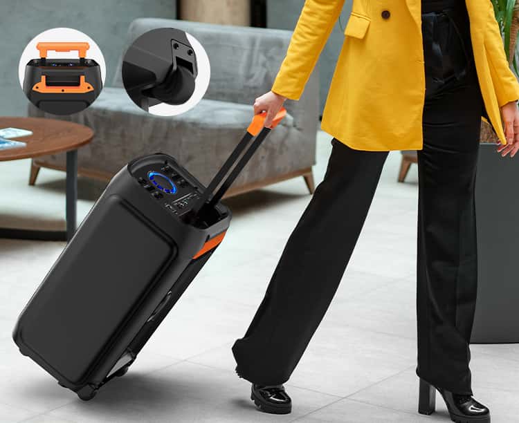 jyx t9 portable karaoke machine with handle and wheel