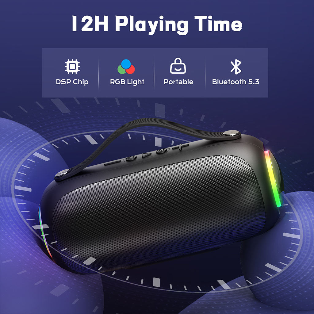 JYX D38 Bluetooth karaoke machine with 12H playtime, DSP chip, and RGB light