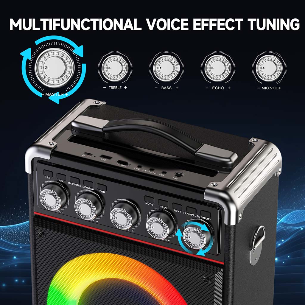 Diagram of multiple volume control knobs for speaker including treble, bass, echo, mic vol, and master.
