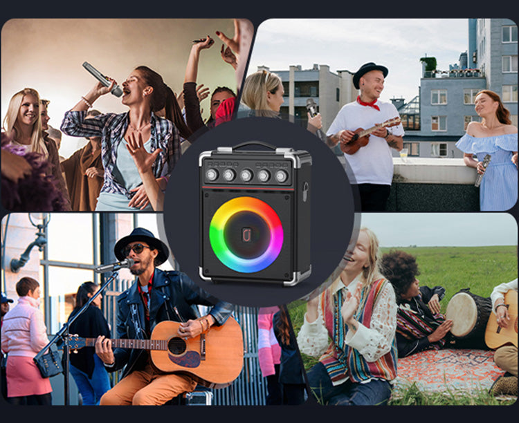 Karaoke speaker used in various settings- stage performances, gatherings with friends and family, street performances, outdoor travels.